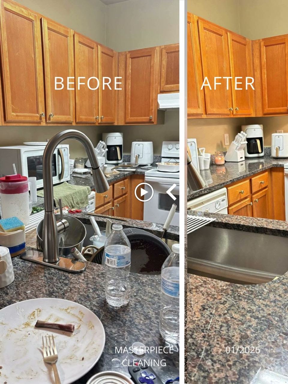 Kitchen sink and granite counter before and after: before shows dirty dishes and bottles, after shows the counter cleared and the sink empty